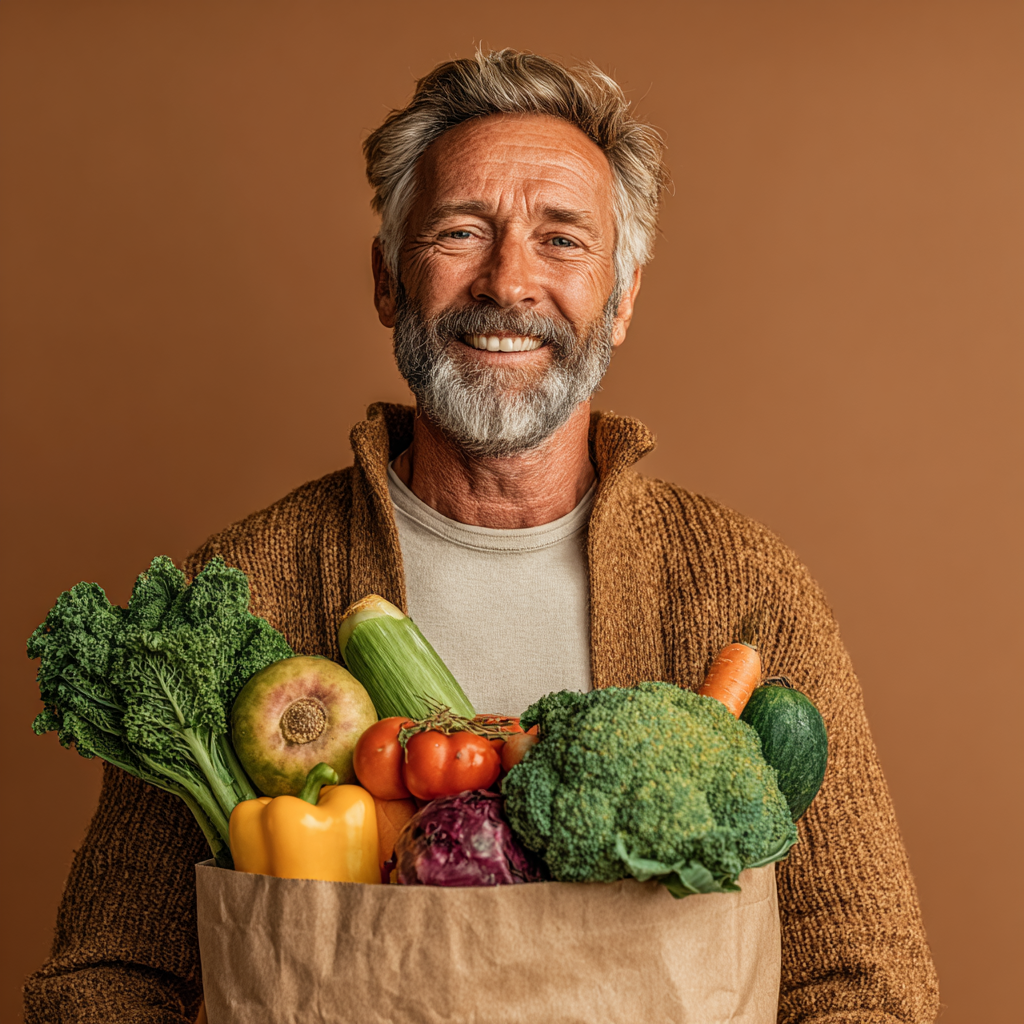 Happy mature man in his early 50s with grocery bag full of fresh healthy vegetables and fruits