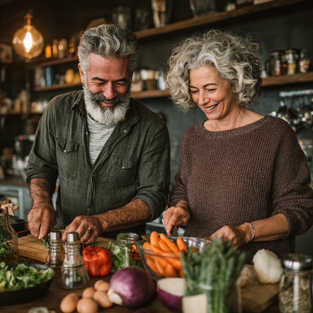 Middle-aged couple in their 50s cooking healthy vegetables together in modern kitchen, smiling and preparing fresh salad