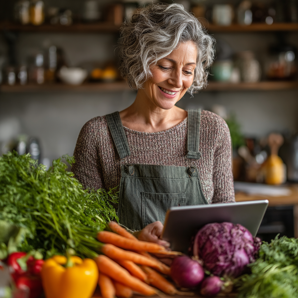 Smiling woman in her late 40s holding fresh vegetables and planning healthy meals with tablet showing meal plan